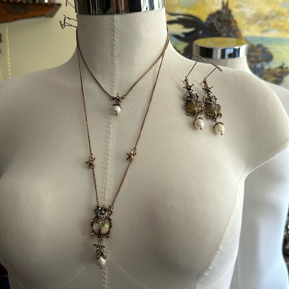 EUC Costume Scarab Earrings and layered Necklace Baroque Pearl